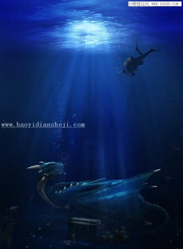 场景合成，用PS合成海下探险寻宝的场景_www.haoyidiansheji.com