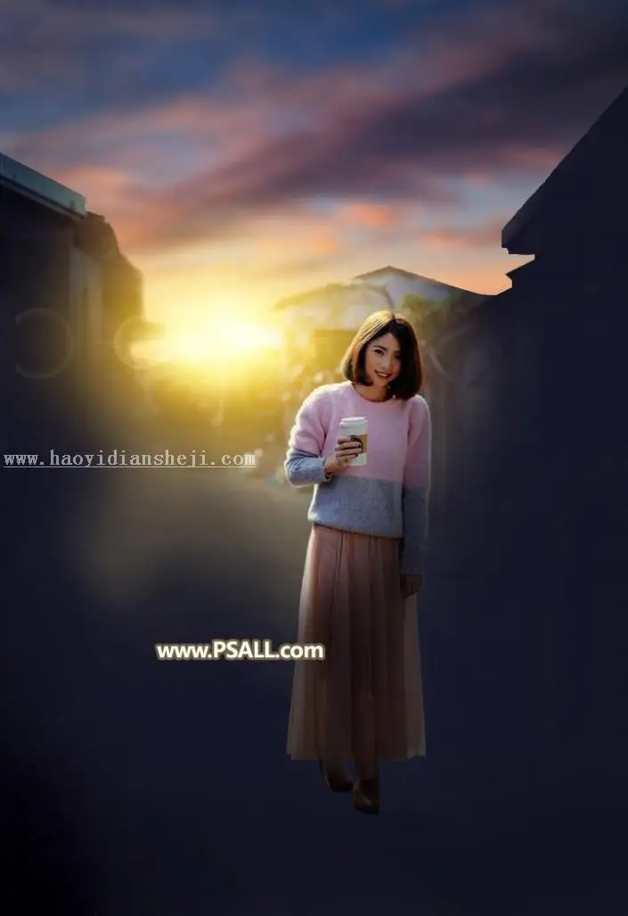 夕阳效果，通过PS给街拍女孩添加夕阳美景效果_www.haoyidiansheji.com