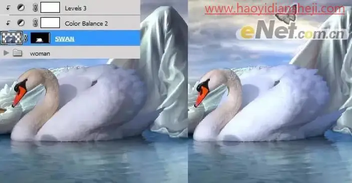 梦幻合成，在ps中合成水中的天鹅与美女的教程_www.haoyidiansheji.com