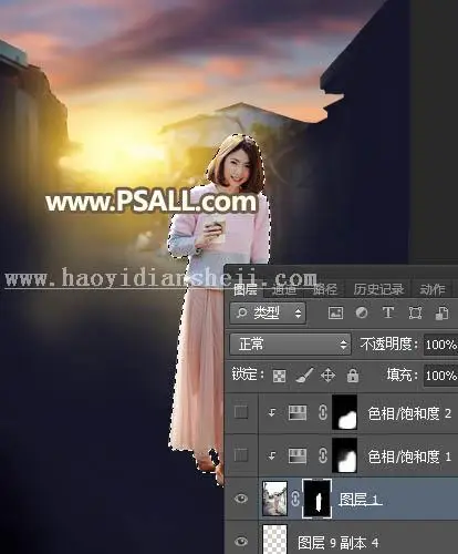 夕阳效果，通过PS给街拍女孩添加夕阳美景效果_www.haoyidiansheji.com