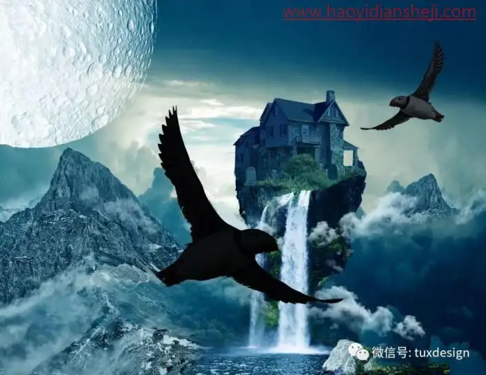 创意合成，创作一幅悬浮在空中的宛若仙境的小岛屿_www.haoyidiansheji.com