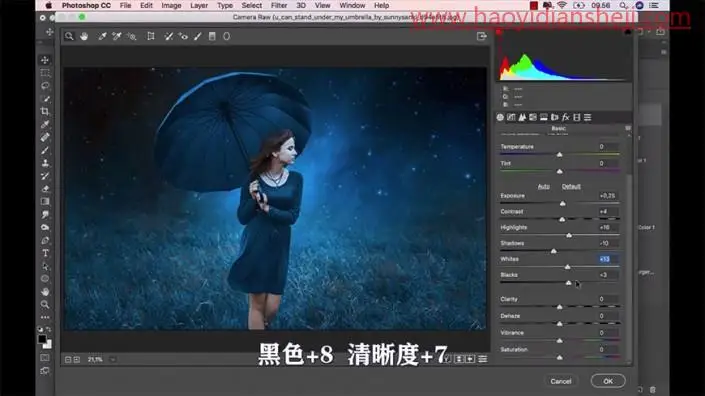 唯美合成，合成在唯美星空下漫步打伞女孩_www.haoyidiansheji.com