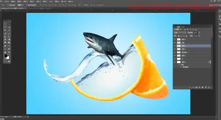 创意合成，制作鲨鱼在橙子“海洋”里游泳的创意画面_www.haoyidiansheji.com