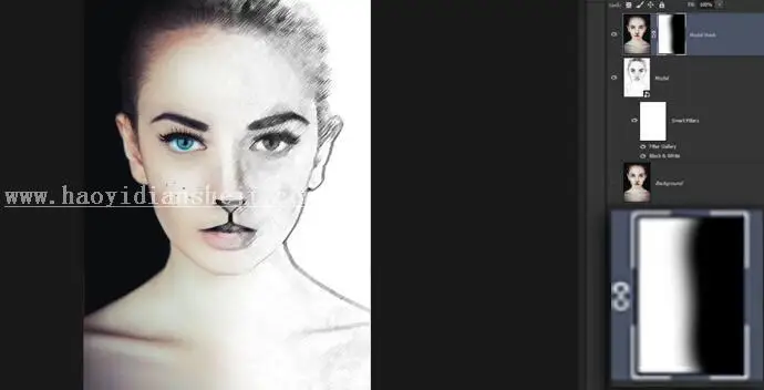 素材描效果，半素描豹女郎效果_www.haoyidiansheji.com