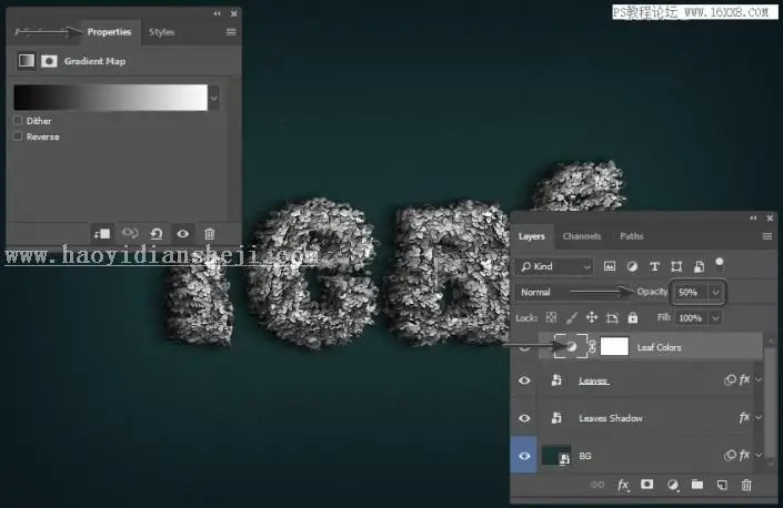 立体字，用PS制作绿叶构成的3D立体字_www.haoyidiansheji.com