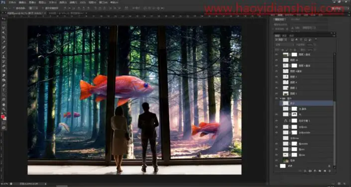 奇幻合成，制作一张超现实的森林里观鱼的场景_www.haoyidiansheji.com