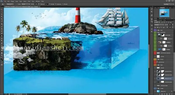 场景合成，在ps中合成一个微缩水族馆_www.haoyidiansheji.com