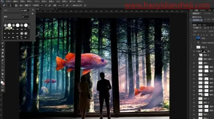 奇幻合成，制作一张超现实的森林里观鱼的场景_www.haoyidiansheji.com