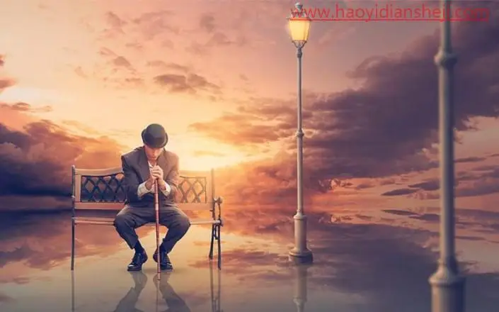 创意合成，在PS中合成一副霞光中坐在水面上的男士_www.haoyidiansheji.com