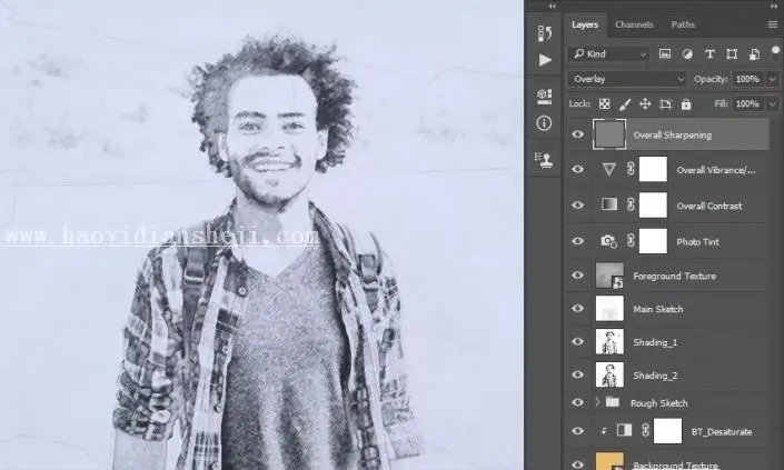 素描效果，通过PS把人物制作成铅笔素描效果_www.haoyidiansheji.com
