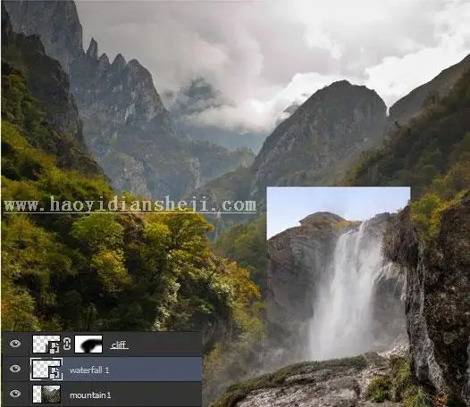 场景合成，合成一张深山瀑布风景照片_www.haoyidiansheji.com
