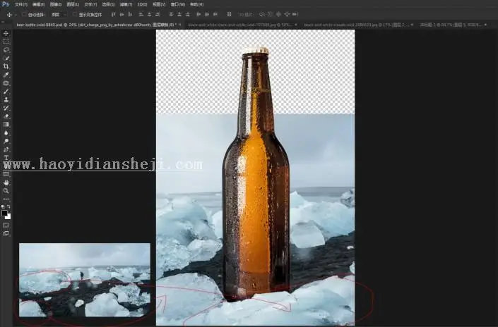场景合成，通过PS合成一张冰冻啤酒的照片_www.haoyidiansheji.com