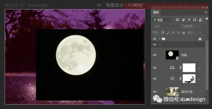场景合成，合成在月光下认真专注夜读的女孩_www.haoyidiansheji.com