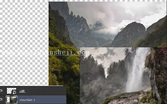 场景合成，合成一张深山瀑布风景照片_www.haoyidiansheji.com