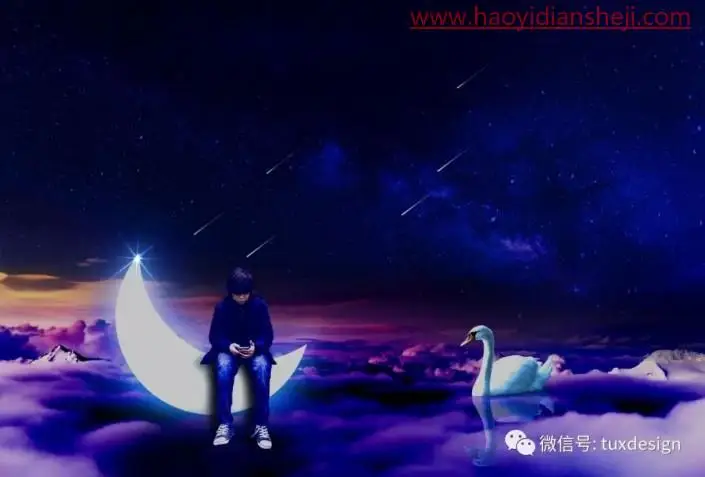 场景合成，通过PS合成一副坐在月亮上的少年场景_www.haoyidiansheji.com