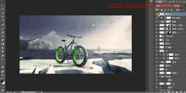 场景合成，合成在北极的自行车海报_www.haoyidiansheji.com