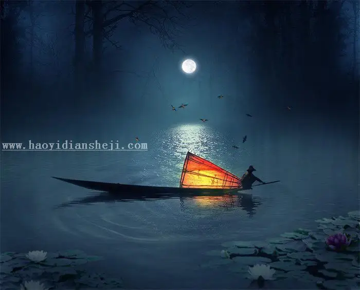 多图合成，用PS合成渔舟唱晚的场景_www.haoyidiansheji.com
