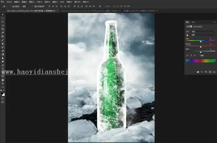 场景合成，通过PS合成一张冰冻啤酒的照片_www.haoyidiansheji.com