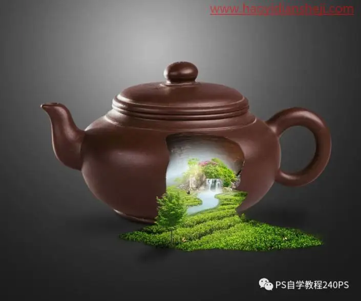 创意场景，合成紫砂壶中的生态茶山世界_www.haoyidiansheji.com