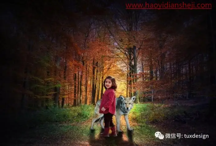场景合成，通过PS合成一张森林偶遇记的童话场景_www.haoyidiansheji.com