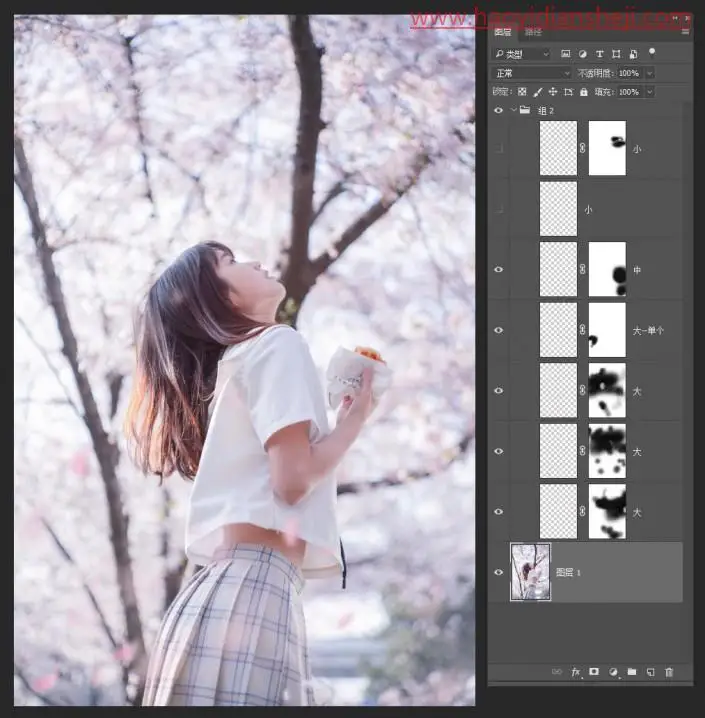 人像调色，用PS制作甜美的外景樱花人像_www.haoyidiansheji.com