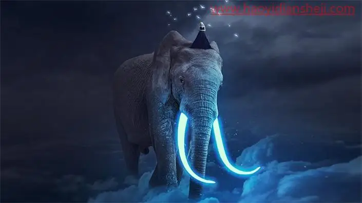 奇幻合成，设计制作一款云端行走的发光神象_www.haoyidiansheji.com