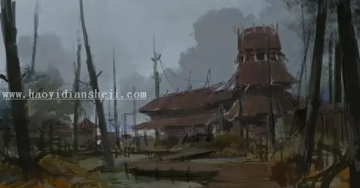 场景插画，绘制破旧沼泽建筑场景插画_www.haoyidiansheji.com