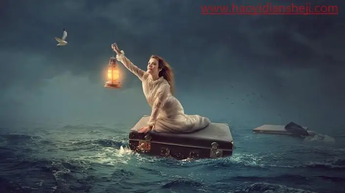 奇幻合成，合成一幅在风浪中坐着皮箱漂流的奇幻场景_www.haoyidiansheji.com