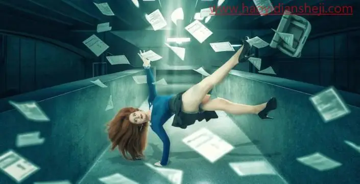 创意合成，合成奇幻的办公室女郎悬浮空中的场景_www.haoyidiansheji.com