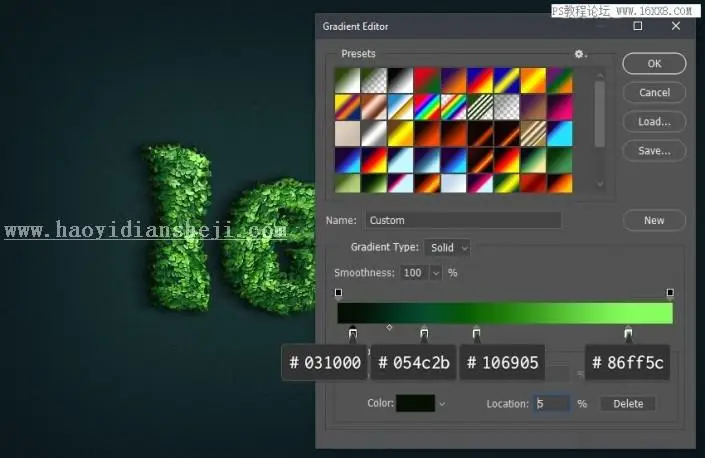 立体字，用PS制作绿叶构成的3D立体字_www.haoyidiansheji.com