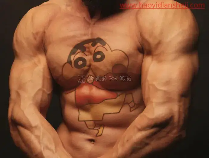 纹身效果，在猛男身上纹一枚可爱的野原新之助纹身_www.haoyidiansheji.com