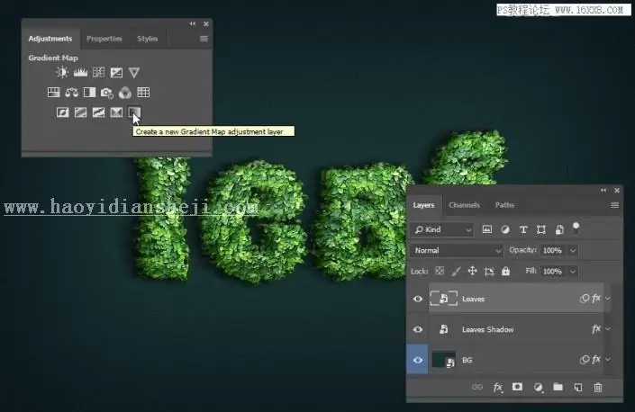 立体字，用PS制作绿叶构成的3D立体字_www.haoyidiansheji.com