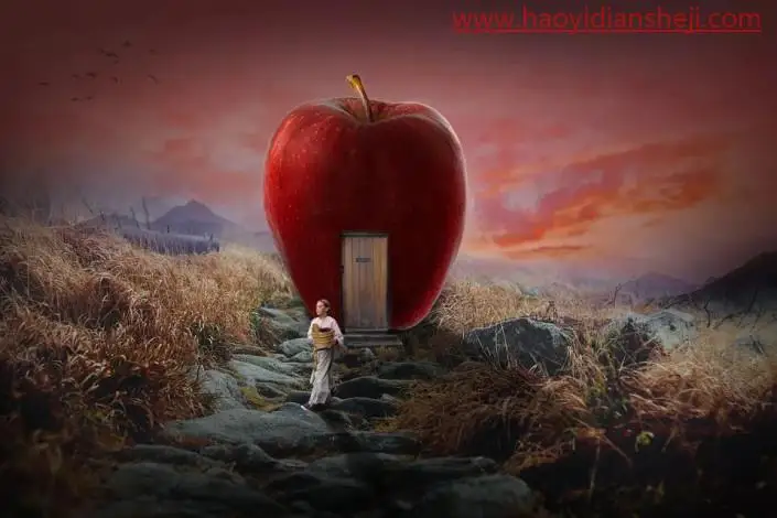 创意合成，合成森林里的苹果童话屋_www.haoyidiansheji.com