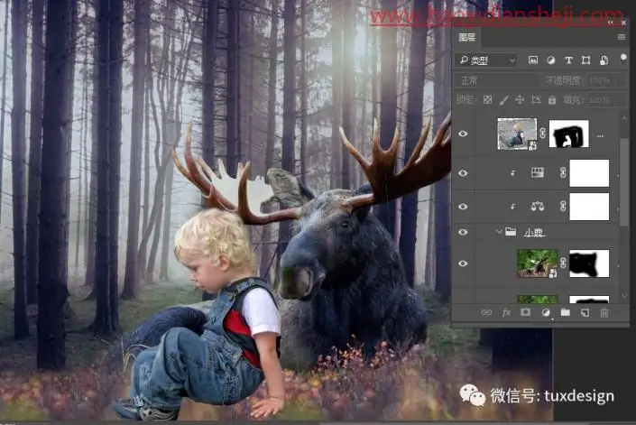 场景合成，制作森林里面的小男孩和小鹿_www.haoyidiansheji.com