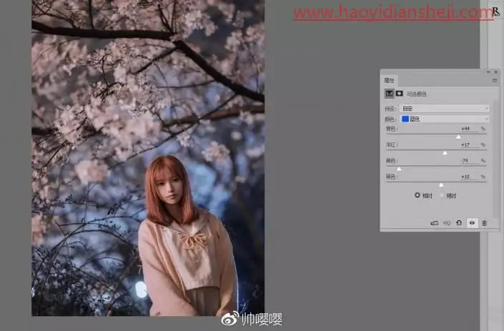 人物调色，用PS打造唯美的夜景樱花人像_www.haoyidiansheji.com