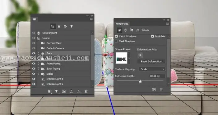 3D功能，通过PS的3D功能制作沙发上的靠枕_www.haoyidiansheji.com