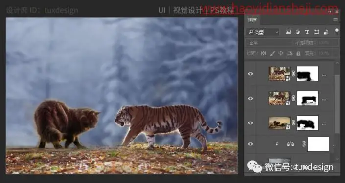 创意合成，通过PS合成一幅猫虎大战一触即发的场面_www.haoyidiansheji.com