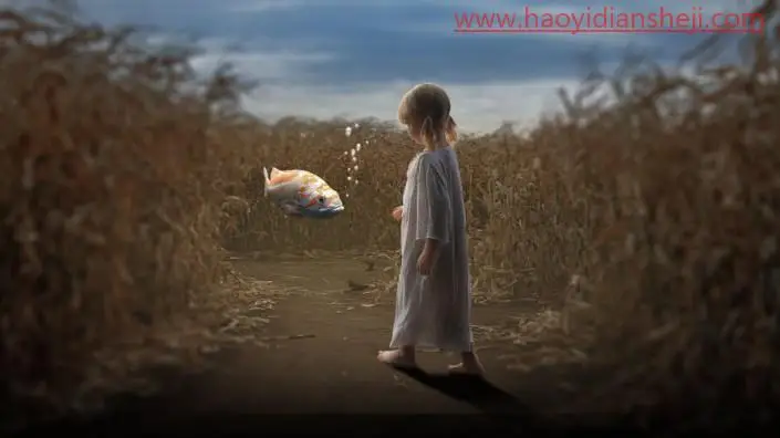 创意合成，制作一幅小女孩与金鱼交流的创意场景_www.haoyidiansheji.com