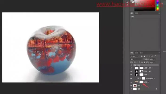 艺术合成，合成一个风景优美的水晶苹果_www.haoyidiansheji.com