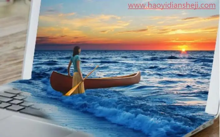 出屏效果，制作逼真的海水和海滩从电脑屏幕溢出的3D画面_www.haoyidiansheji.com