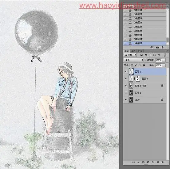 素描效果，在ps中制作真实又漂亮的彩铅素描照片_www.haoyidiansheji.com