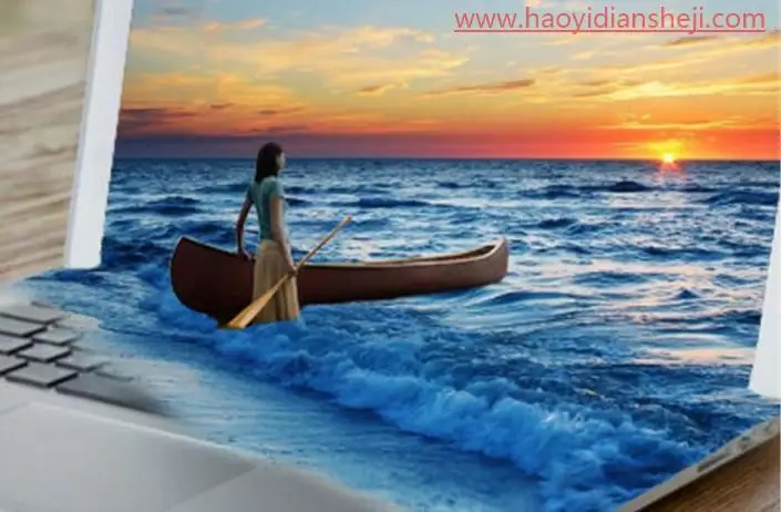 出屏效果，制作逼真的海水和海滩从电脑屏幕溢出的3D画面_www.haoyidiansheji.com