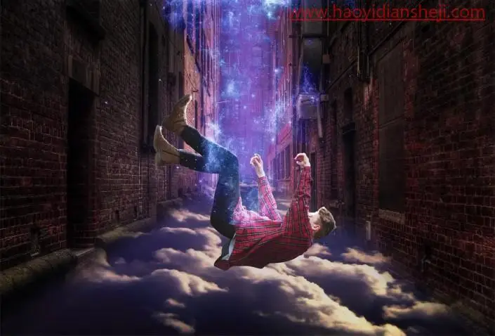 场景合成，合成散发着蓝光下坠的男孩的奇幻场面_www.haoyidiansheji.com