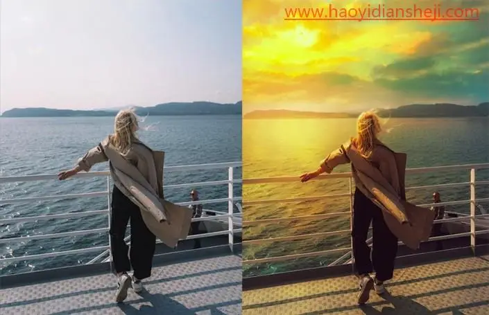 霞光效果，在PS里打造霞光中的海景人物大片_www.haoyidiansheji.com