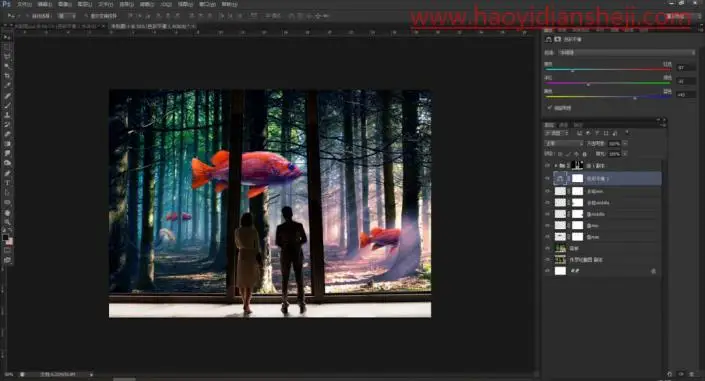 奇幻合成，制作一张超现实的森林里观鱼的场景_www.haoyidiansheji.com